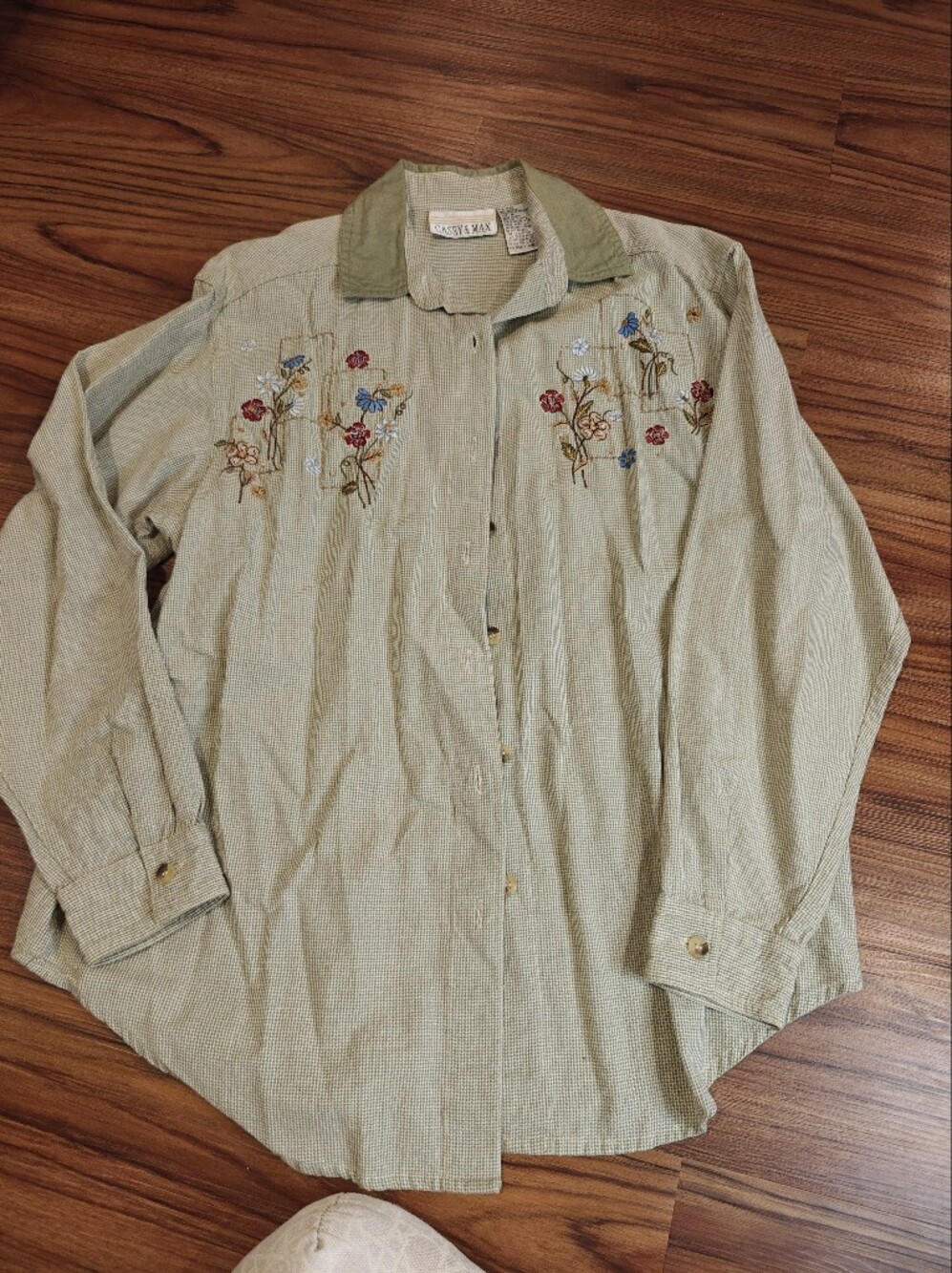 Embroidered Olive Green Button-Down Shirt with Contrast Collar